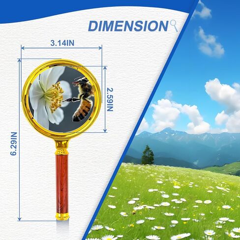 10x Handheld Magnifier, Reading Magnifier for Children Elderly for Hobbies and Science, 80mm Plastic Gold Plated Frame Electroplated Faux Wood Grain Handle in Saudi Arabia