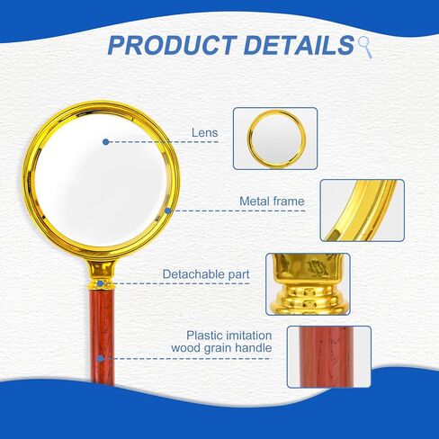 10x Handheld Magnifier, Reading Magnifier for Children Elderly for Hobbies and Science, 80mm Plastic Gold Plated Frame Electroplated Faux Wood Grain Handle in Saudi Arabia