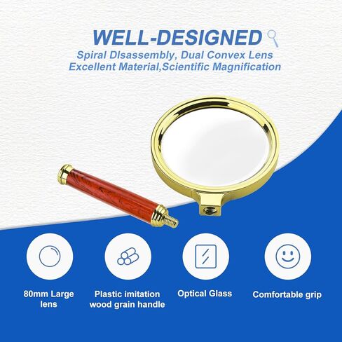10x Handheld Magnifier, Reading Magnifier for Children Elderly for Hobbies and Science, 80mm Plastic Gold Plated Frame Electroplated Faux Wood Grain Handle in Saudi Arabia