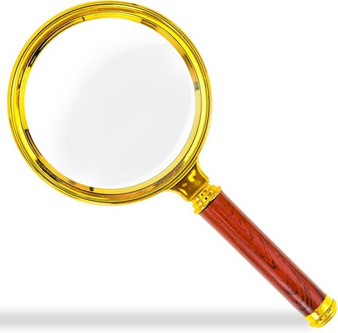 10x Handheld Magnifier, Reading Magnifier for Children Elderly for Hobbies and Science, 80mm Plastic Gold Plated Frame Electroplated Faux Wood Grain Handle in Saudi Arabia