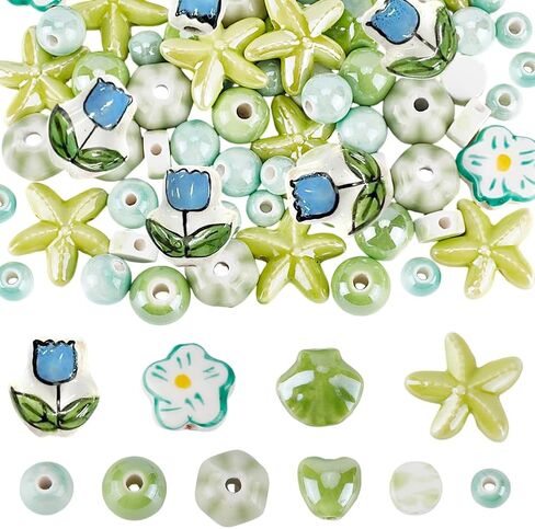 78pcs Ceramic Flower Beads 10 Styles Green Round Handmade Porcelain Beads Flower Heart Round Ceramic Bead Shell Starfish Spacer Bead for DIY Crafts Bracelets Necklace Jewelry Making in Kuwait