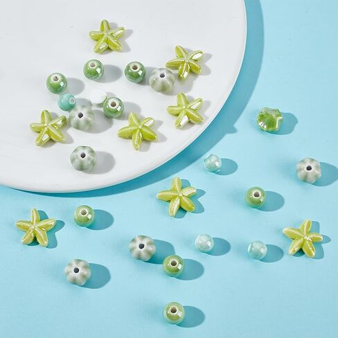 78pcs Ceramic Flower Beads 10 Styles Green Round Handmade Porcelain Beads Flower Heart Round Ceramic Bead Shell Starfish Spacer Bead for DIY Crafts Bracelets Necklace Jewelry Making in Kuwait