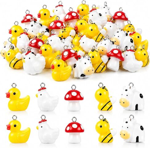 Civaner 50 Pcs Resin Charms for Jewelry Making - Cute Mushroom, Bee, Duck, Cow, Chicken Farm Animal Pendants for DIY Bracelets, Necklaces, Keychains Crafts in Saudi Arabia