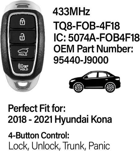 بديل لجهاز التحكم عن بعد Hyundai Kona Key Fob 2019 2020 2021 4 أزرار 433 ميجا هرتز TQ8-FOB-4F18، أسود in Kuwait