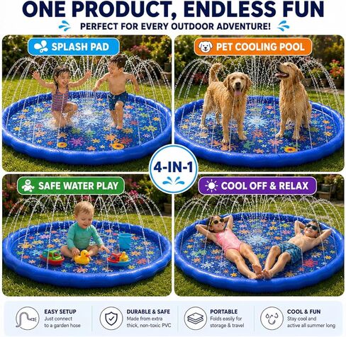 KiddoSpace Splash Pad Sprinkler for Kids and Dogs – 67" Baby Splash Pad for Toddlers 1-3, Crazy Daisy Sprinkler, Non-Slip BPA-Free Outdoor Water Play Mat, Repair Kit Included in Saudi Arabia