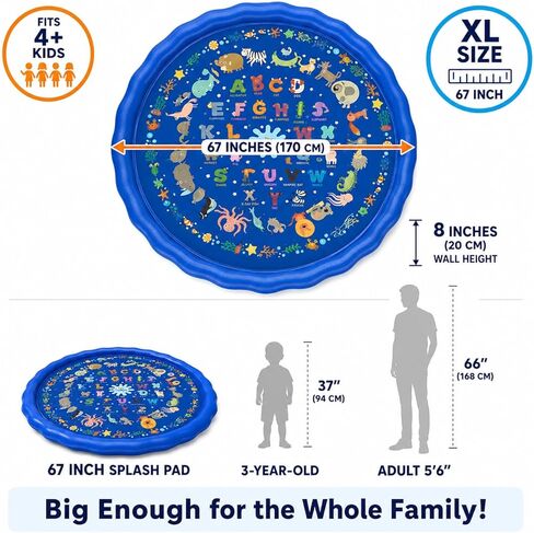 KiddoSpace Splash Pad Sprinkler for Kids and Dogs – 67" Baby Splash Pad for Toddlers 1-3, Crazy Daisy Sprinkler, Non-Slip BPA-Free Outdoor Water Play Mat, Repair Kit Included in Saudi Arabia