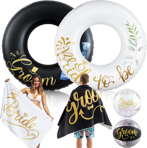 6 Pcs Wedding Pool Floats Kit, Bride & Groom Pool Floats, Beach Towel and Beach Ball, Large Bachelorette Floatie for Engagement Party Decorations, Bridal Shower, Wedding Decor in Saudi Arabia
