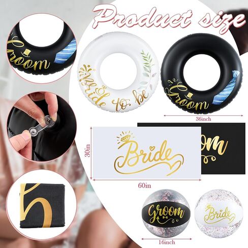6 Pcs Wedding Pool Floats Kit, Bride & Groom Pool Floats, Beach Towel and Beach Ball, Large Bachelorette Floatie for Engagement Party Decorations, Bridal Shower, Wedding Decor in Saudi Arabia