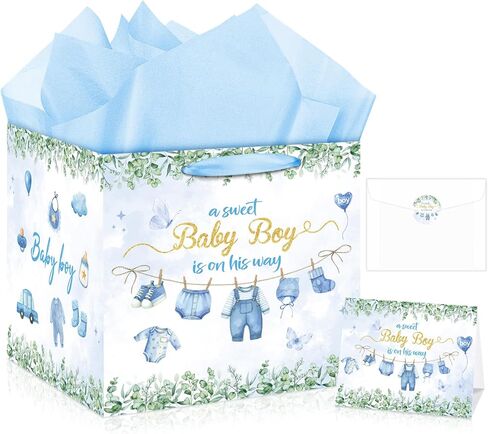 Extra Large Baby Boy Gift Bag Square Blue Clothes Baby Shower Bag for Boys with Wrapping Paper Card Sticker Envelope for New Baby Congratulations Gifts Newborn Party Favors Decorations, 11.8 Inch in Saudi Arabia