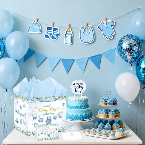 Extra Large Baby Boy Gift Bag Square Blue Clothes Baby Shower Bag for Boys with Wrapping Paper Card Sticker Envelope for New Baby Congratulations Gifts Newborn Party Favors Decorations, 11.8 Inch in Saudi Arabia