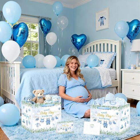 Extra Large Baby Boy Gift Bag Square Blue Clothes Baby Shower Bag for Boys with Wrapping Paper Card Sticker Envelope for New Baby Congratulations Gifts Newborn Party Favors Decorations, 11.8 Inch in Saudi Arabia