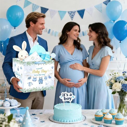 Extra Large Baby Boy Gift Bag Square Blue Clothes Baby Shower Bag for Boys with Wrapping Paper Card Sticker Envelope for New Baby Congratulations Gifts Newborn Party Favors Decorations, 11.8 Inch in Saudi Arabia