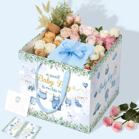Extra Large Baby Boy Gift Bag Square Blue Clothes Baby Shower Bag for Boys with Wrapping Paper Card Sticker Envelope for New Baby Congratulations Gifts Newborn Party Favors Decorations, 11.8 Inch in Saudi Arabia