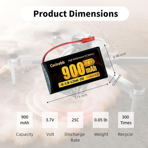 3.7V Lipo Battery 900mah Rechargeable with JST Plug for MJX Syma Holy Stone Sky Viper RC Quadcopter Drone X56W X400 X400W X300C X400C X800 HS110 HS200 S670 2 Pack Drone Batteries in Saudi Arabia