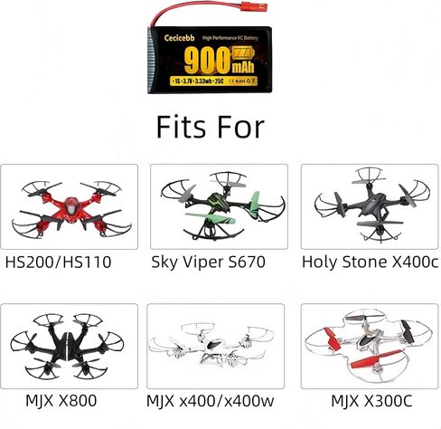 3.7V Lipo Battery 900mah Rechargeable with JST Plug for MJX Syma Holy Stone Sky Viper RC Quadcopter Drone X56W X400 X400W X300C X400C X800 HS110 HS200 S670 2 Pack Drone Batteries in Saudi Arabia