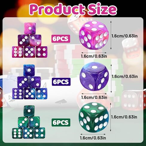 18pcs Acrylic Polyhedra Dice Set, 16mm 6 Sided Standard Colored Game Dices for Table Games Board Games Math Learning Classroom Playing Rolling Parties 3 Color 6 Pieces of Each Color in Saudi Arabia
