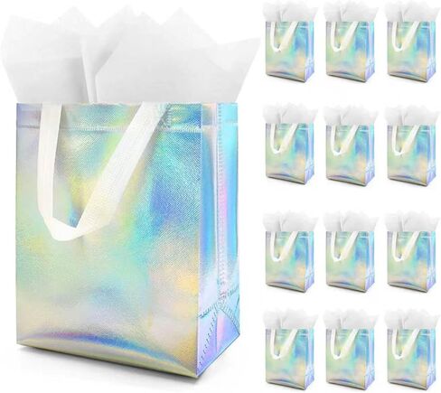 Flasunire Gift Bags with Handles Iridescent Holographic - 8x4x10 Inch 12 Pcs Iridescent Gift Bags with Tissue Paper for Birthday, Christmas, Bachelorette, Party Favors, Wedding, Holidays, Valentines in Saudi Arabia