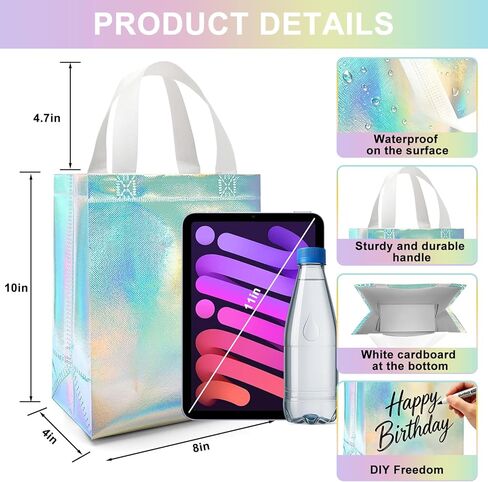 Flasunire Gift Bags with Handles Iridescent Holographic - 8x4x10 Inch 12 Pcs Iridescent Gift Bags with Tissue Paper for Birthday, Christmas, Bachelorette, Party Favors, Wedding, Holidays, Valentines in Saudi Arabia