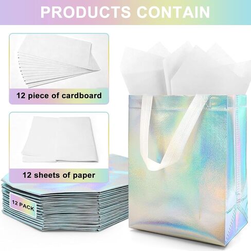 Flasunire Gift Bags with Handles Iridescent Holographic - 8x4x10 Inch 12 Pcs Iridescent Gift Bags with Tissue Paper for Birthday, Christmas, Bachelorette, Party Favors, Wedding, Holidays, Valentines in Saudi Arabia