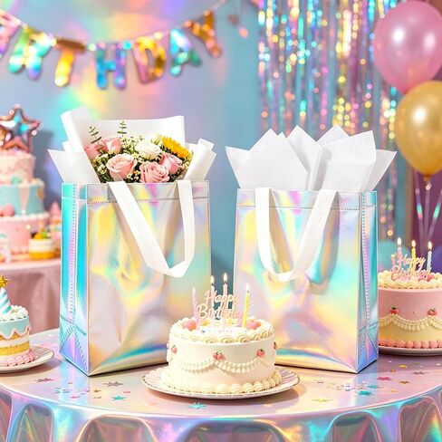 Flasunire Gift Bags with Handles Iridescent Holographic - 8x4x10 Inch 12 Pcs Iridescent Gift Bags with Tissue Paper for Birthday, Christmas, Bachelorette, Party Favors, Wedding, Holidays, Valentines in Saudi Arabia