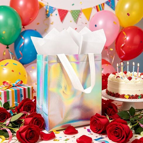 Flasunire Gift Bags with Handles Iridescent Holographic - 8x4x10 Inch 12 Pcs Iridescent Gift Bags with Tissue Paper for Birthday, Christmas, Bachelorette, Party Favors, Wedding, Holidays, Valentines in Saudi Arabia
