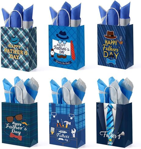 FCKLVMC 12 Pcs Fathers Day Gift Bags with Handle, Fathers Day Gift Bag with Decorative Paper for Men Father'S Day Birthday Party Decor Favor(8.27x6.3x3.15in) in Saudi Arabia
