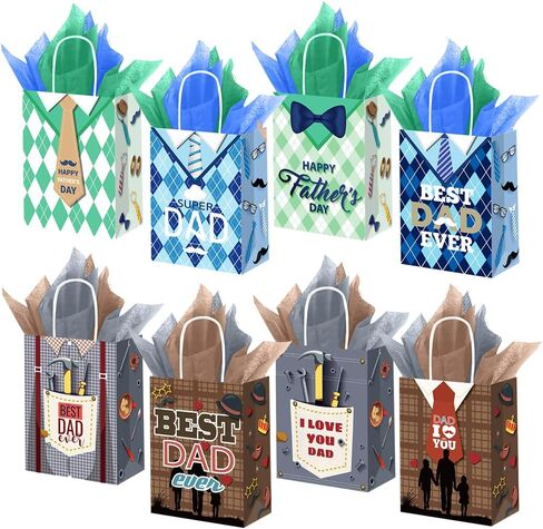 FCKLVMC 12 Pcs Fathers Day Gift Bags with Handle, Fathers Day Gift Bag with Decorative Paper for Men Father'S Day Birthday Party Decor Favor(8.27x6.3x3.15in) in Saudi Arabia