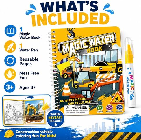 zreboeim Yellow Magic Water Coloring Book for Kids, Reusable Construction Vehicle Water Drawing Book with Pen, Mess Free Coloring Pad, Educational Travel Toy for Toddlers Boys Girls Ages 3+ in Saudi Arabia