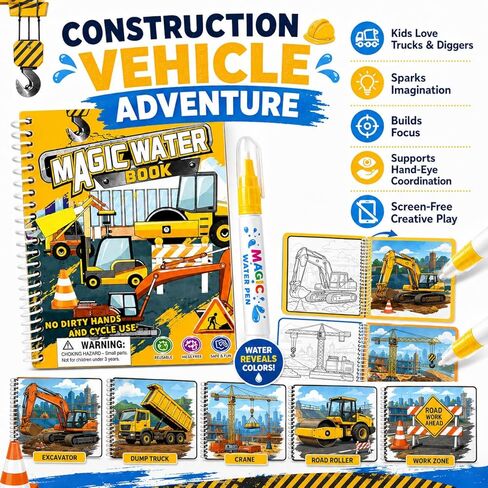 zreboeim Yellow Magic Water Coloring Book for Kids, Reusable Construction Vehicle Water Drawing Book with Pen, Mess Free Coloring Pad, Educational Travel Toy for Toddlers Boys Girls Ages 3+ in Saudi Arabia
