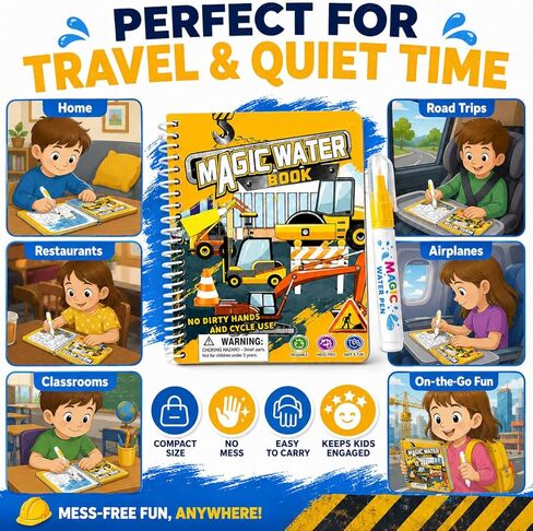 zreboeim Yellow Magic Water Coloring Book for Kids, Reusable Construction Vehicle Water Drawing Book with Pen, Mess Free Coloring Pad, Educational Travel Toy for Toddlers Boys Girls Ages 3+ in Saudi Arabia