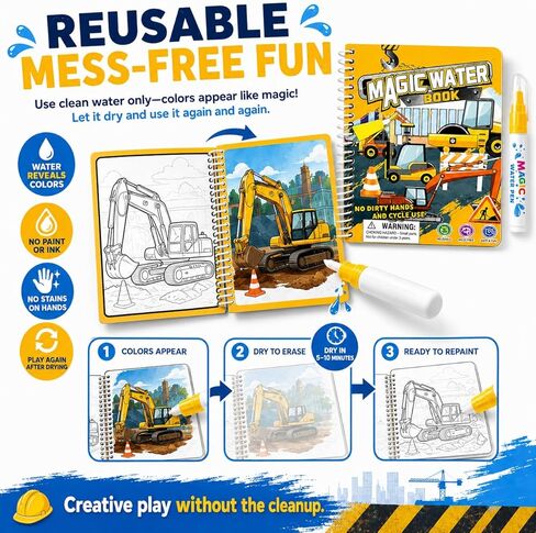 zreboeim Yellow Magic Water Coloring Book for Kids, Reusable Construction Vehicle Water Drawing Book with Pen, Mess Free Coloring Pad, Educational Travel Toy for Toddlers Boys Girls Ages 3+ in Saudi Arabia