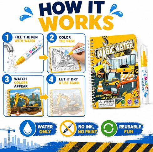 zreboeim Yellow Magic Water Coloring Book for Kids, Reusable Construction Vehicle Water Drawing Book with Pen, Mess Free Coloring Pad, Educational Travel Toy for Toddlers Boys Girls Ages 3+ in Saudi Arabia