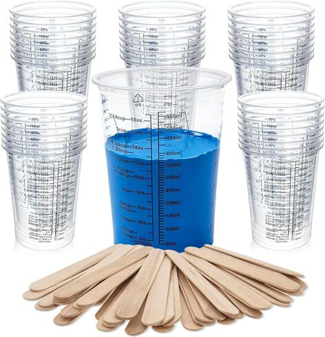 50 Pack Epoxy Mixing Cups 20 oz (600 ml), Disposable Measuring Cups with 50 Wooden Stir Sticks, Measurement Ratios: 1:1, 2:1, 3:1, 4:1 for Resin, Liquid and Paint in Saudi Arabia