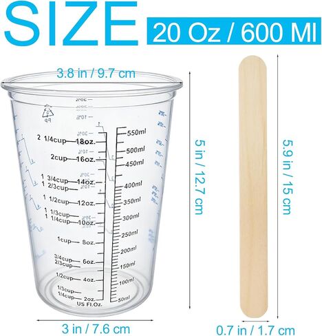 50 Pack Epoxy Mixing Cups 20 oz (600 ml), Disposable Measuring Cups with 50 Wooden Stir Sticks, Measurement Ratios: 1:1, 2:1, 3:1, 4:1 for Resin, Liquid and Paint in Saudi Arabia