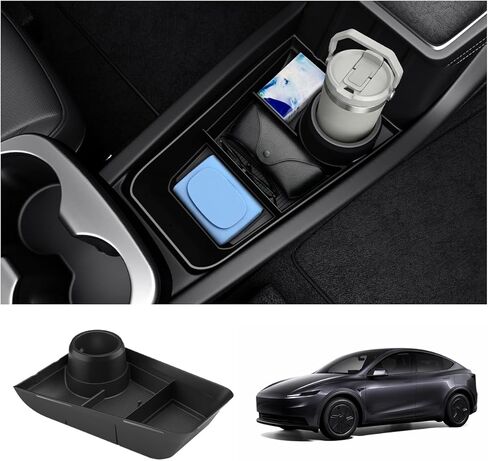 منظم تخزين مركزي سفلي من Spigen مصمم لموديل Tesla Y Standard 2026 - حاملات أكواب إضافية وبساط سيليكون مضاد للانزلاق - يزيد من المساحة الداخلية، تصميم مضاد للحشرجة in Kuwait