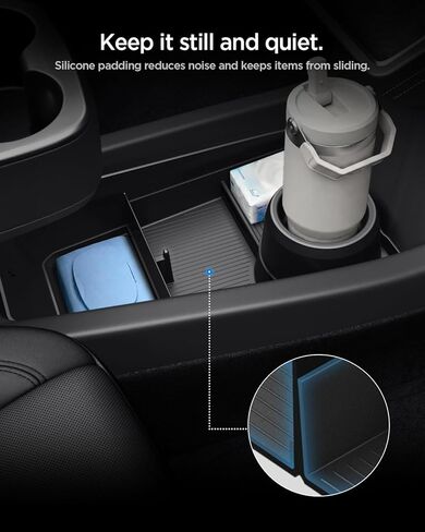 منظم تخزين مركزي سفلي من Spigen مصمم لموديل Tesla Y Standard 2026 - حاملات أكواب إضافية وبساط سيليكون مضاد للانزلاق - يزيد من المساحة الداخلية، تصميم مضاد للحشرجة in Kuwait