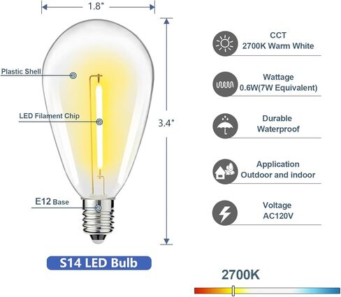 BORT S14 LED Replacement Light Bulb, Shatterproof Outdoor String Light Bulbs, 1 Watt to Replace 11Watts Incandescent Bulb, E26 Regular Medium Screw Base, 2200K Warm White, Non-Dimmable (15 Pack) in Saudi Arabia