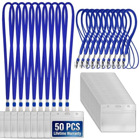 50Pcs Horizontal Badge Holder with Lanyards - Id Badge Holder Horizontal Name Badge Holders Lanyards with Id Holder Plastic Id Badge Holder - Blue Lanyard Name Tag Holder Id Lanyard Badge Holder in Saudi Arabia