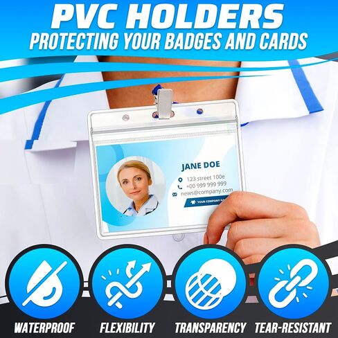 50Pcs Horizontal Badge Holder with Lanyards - Id Badge Holder Horizontal Name Badge Holders Lanyards with Id Holder Plastic Id Badge Holder - Blue Lanyard Name Tag Holder Id Lanyard Badge Holder in Saudi Arabia