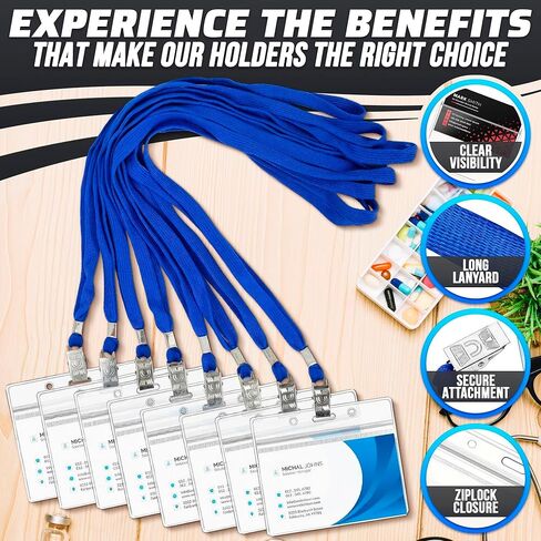 50Pcs Horizontal Badge Holder with Lanyards - Id Badge Holder Horizontal Name Badge Holders Lanyards with Id Holder Plastic Id Badge Holder - Blue Lanyard Name Tag Holder Id Lanyard Badge Holder in Saudi Arabia