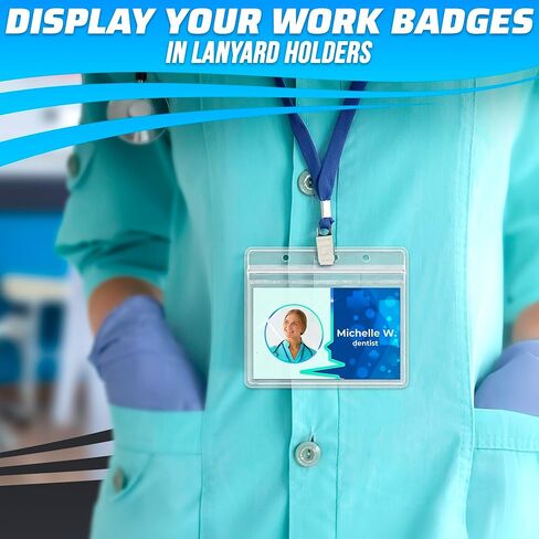 50Pcs Horizontal Badge Holder with Lanyards - Id Badge Holder Horizontal Name Badge Holders Lanyards with Id Holder Plastic Id Badge Holder - Blue Lanyard Name Tag Holder Id Lanyard Badge Holder in Saudi Arabia