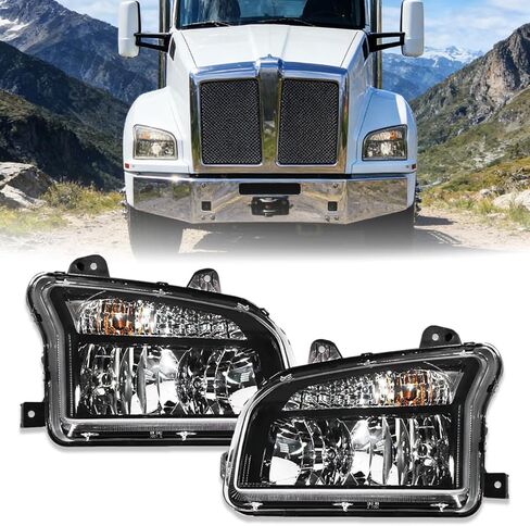 Pair Headlights Fits Kenworth T880 2014-2023 Headlights Assembly Lamps for Kenworth T880 Replacement Driver Left and Passenger Right Side T880 Semi Truck Accessories (Black) in Saudi Arabia