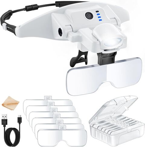 JARLINK Magnifying Glasses with Light, 6 Interchangeable Lens (1.0X-4.0X) & 3 Lighting Modes, Rechargeable Hands-Free Headband Magnifier for Jewelry, Cross Stitch Supplies, Reading, and Close Work in Kuwait