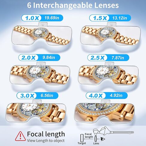 JARLINK Magnifying Glasses with Light, 6 Interchangeable Lens (1.0X-4.0X) & 3 Lighting Modes, Rechargeable Hands-Free Headband Magnifier for Jewelry, Cross Stitch Supplies, Reading, and Close Work in Kuwait