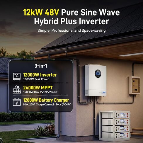 WattCycle 48V 12kW All-in-one Hybrid Inverter, 120/240V Split Phase Solar Hybrid Inverter Charger, 24kW Dual MPPT, 250A Max Charger, Pure Sine Wave, Parallel up to 6 Units, <10ms UPS for RVs, Home in Saudi Arabia