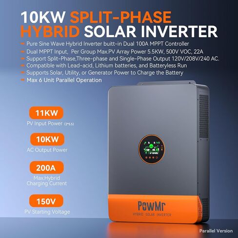 PowMr Solar Inverter 10000W 48V to 120V/240V AC Split Phase Pure Sine Wave Inverter Built-in 200A MPPT Controller, Support Parallel 6 inverters, for Lead Acid and Lithium Battery and Batteryless Run in Kuwait