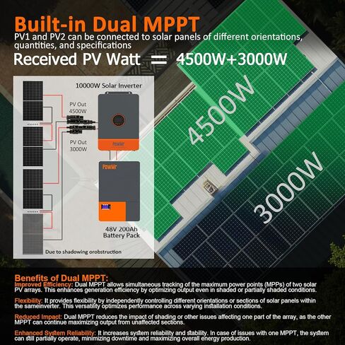 PowMr Solar Inverter 10000W 48V to 120V/240V AC Split Phase Pure Sine Wave Inverter Built-in 200A MPPT Controller, Support Parallel 6 inverters, for Lead Acid and Lithium Battery and Batteryless Run in Kuwait