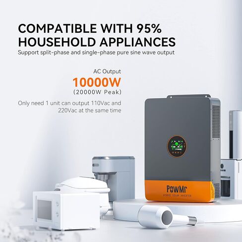 PowMr Solar Inverter 10000W 48V to 120V/240V AC Split Phase Pure Sine Wave Inverter Built-in 200A MPPT Controller, Support Parallel 6 inverters, for Lead Acid and Lithium Battery and Batteryless Run in Kuwait