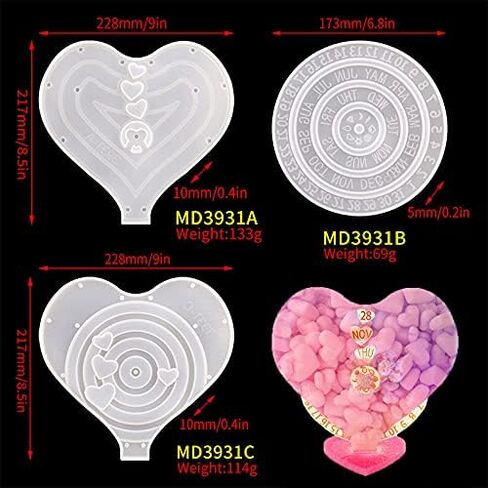3 Pieces Resin Moon Calendar Resin Molds Moon Phase Molds Resin Rotatable Perpetual Calendar Silicone Molds for Resin Epoxy Casting Heart Shape DIY Art Wall Hanging Calendar Decoration in Saudi Arabia