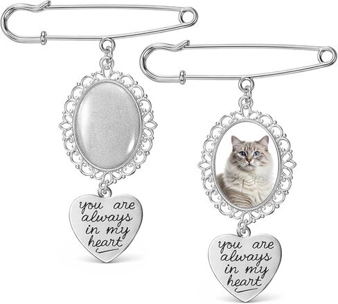 Wedding Bouquet Photo Charms, 2PCS Bouquet Charms for Wedding Memory Pin Brooch Making Kit Single Lacy Frame Weddings Charm Oval Glass Cabochons Picture Frame with Pendant for Weddings Memory Funeral in Kuwait